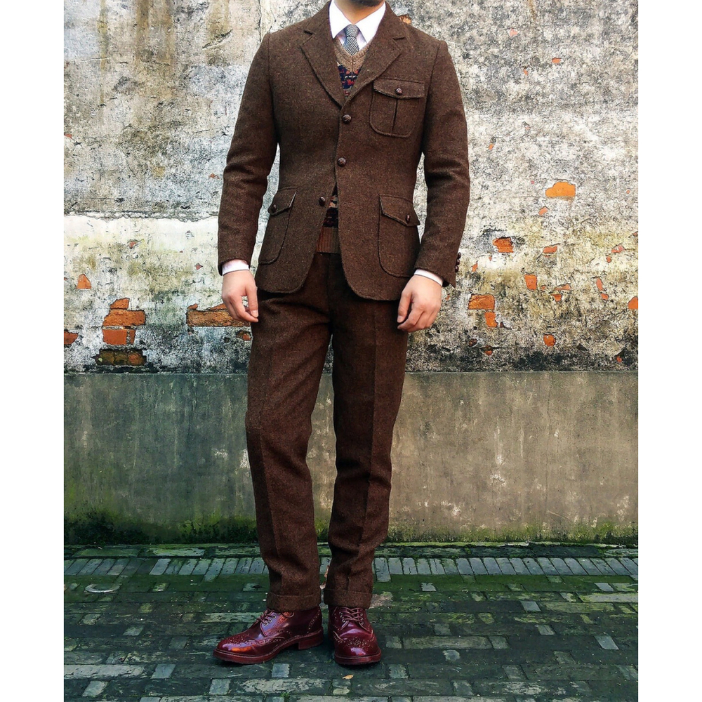 British Retro Brown Tweed Double Pleated Trousers Annual Ring 34x29